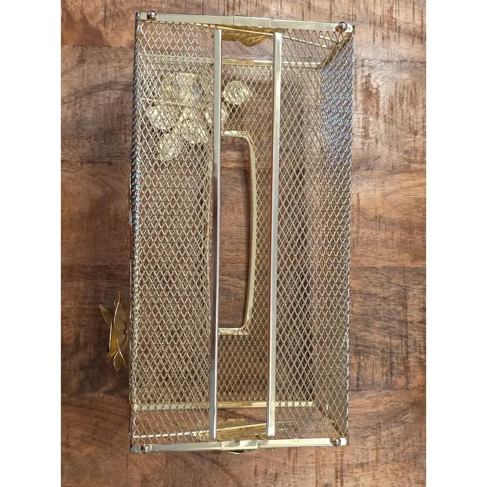 VTG MCM Metal Mesh Gold Tone Kleenex Box Cover with Rose and Leaf Design